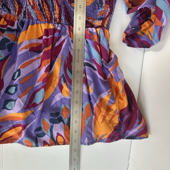 Terra & Sky Smocked Top Women's Size 1X Purple Bell S/Sleeve Artzy Abstract Boho - Picture 11 of 11
